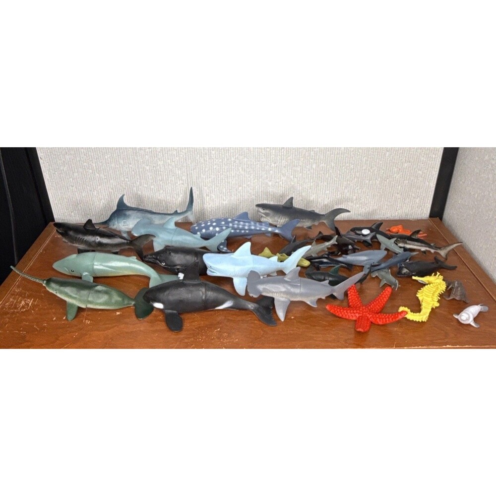Lot of Marine Ocean Sea Life Figures Sharks Whales Octopus Plastic Rubber Toys